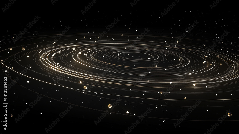 Fototapeta premium The solar system surrounded by stars and nebulae, with orbit lines elegantly traced in white light.