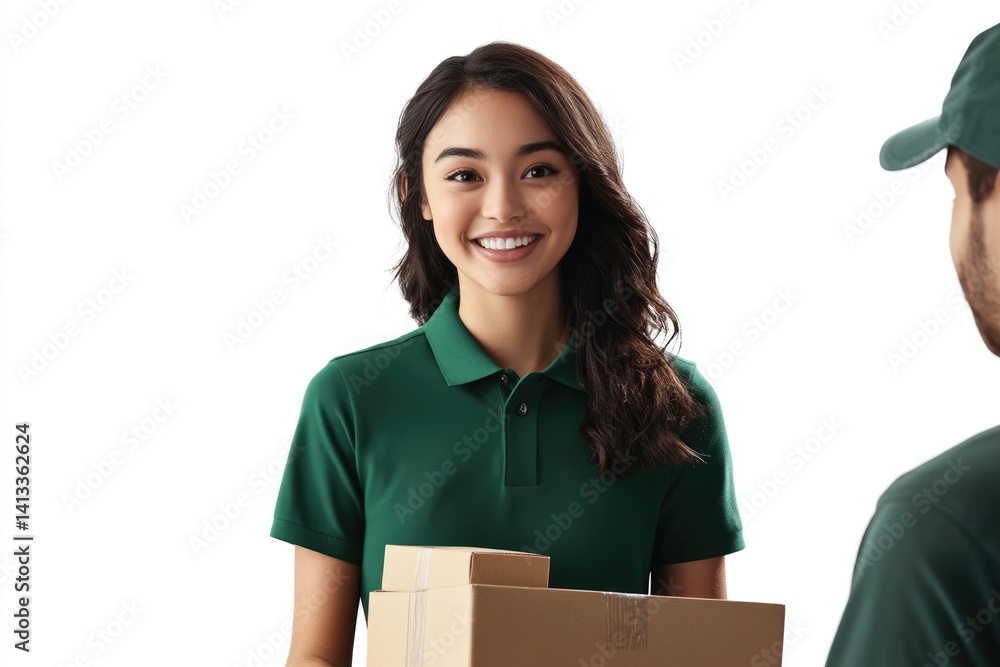 Smiling delivery woman in green polo shirt holds packages, ready for delivery. Smiling delivery woman in green polo shirt holds packages, ready for delivery.