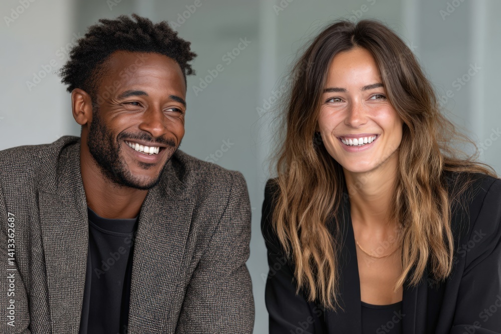 Two happy diverse multiethnic business team people working, talking in corporate office.