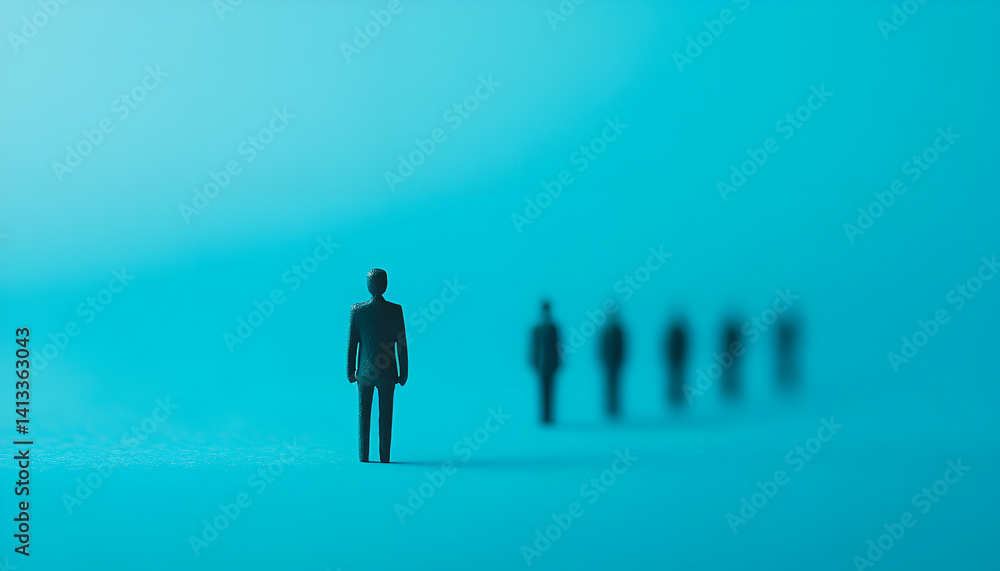 Concept of loneliness. Human figure far from others on blue background Concept of loneliness. Human figure far from others on blue background