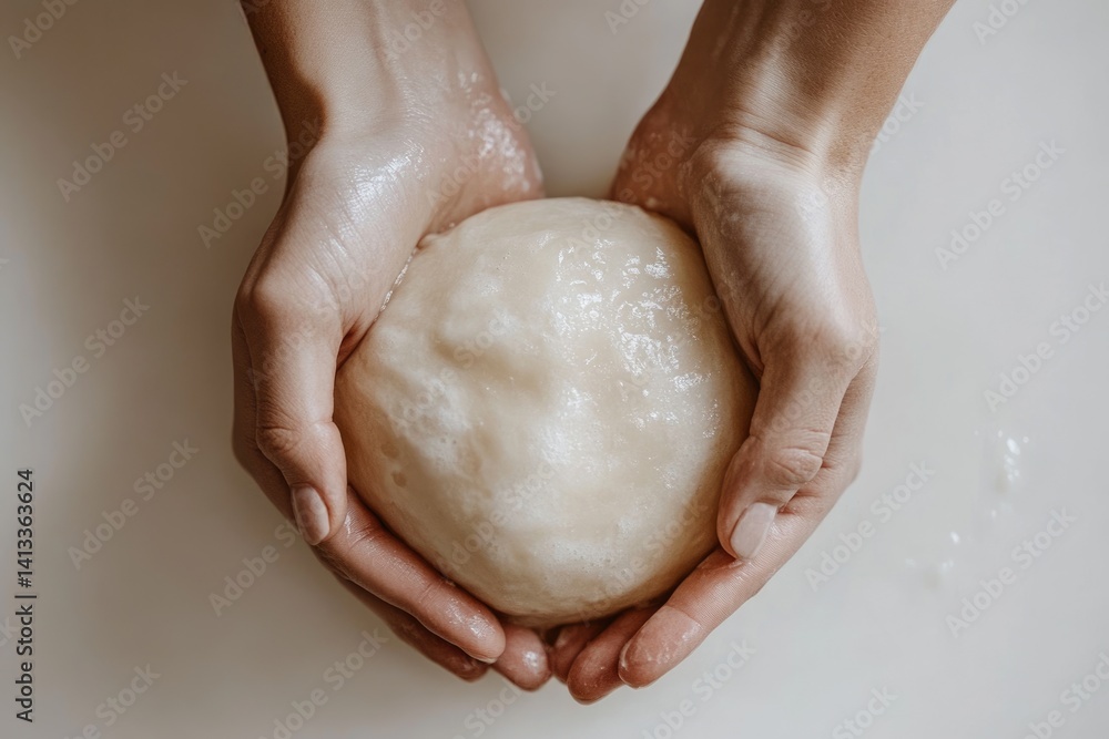 Fototapeta premium Soft, smooth dough ball gently cradled in hands, ready for baking.