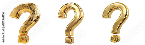 Three shiny golden question marks in different textures and styles displayed together