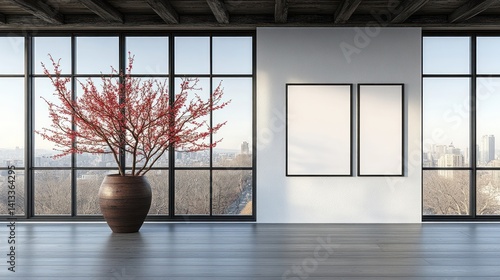 Interior with Flower Tree Near Window and Mockup Frame