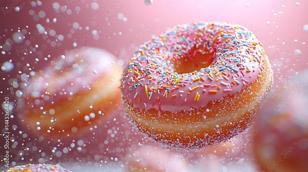 Delicious donuts in motion, showered with sprinkles and frosting Delicious donuts in motion, showered with sprinkles and frosting