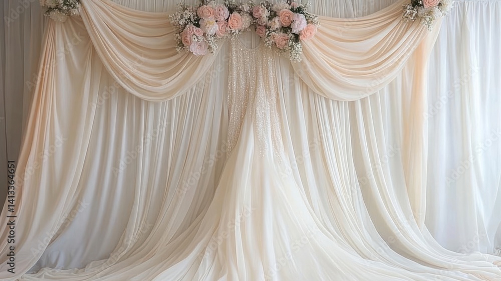 Elegant Wedding Backdrop with Peach Draping and Floral Decorations Elegant Wedding Backdrop with Peach Draping and Floral Decorations