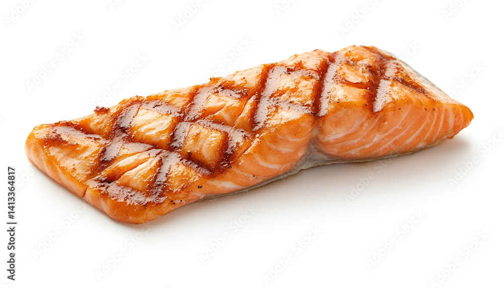 Delicious grilled salmon fillet isolated on white, top view Delicious grilled salmon fillet isolated on white, top view