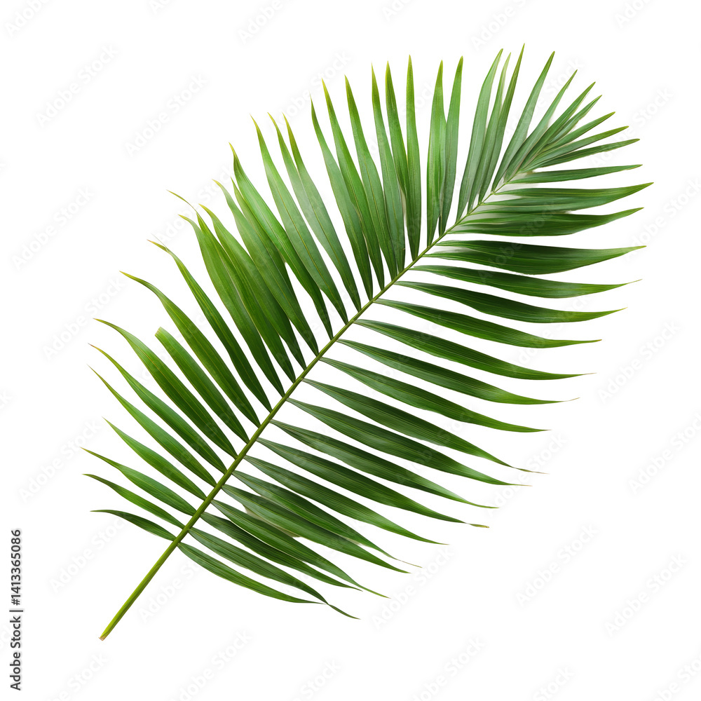 Fototapeta premium Isolated fresh green palm leaf displayed against a clean transparent background showcasing its vibrant texture and form, palm leaf isolated on transparent backgroundfile