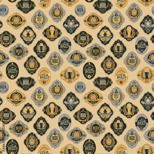 Hand drawn seamless pattern on beer theme with beer labels featuring barrels, beer mugs, mills, laurel wreaths, ears of wheat in vintage style. Wallpaper, wrapping paper. No ai used