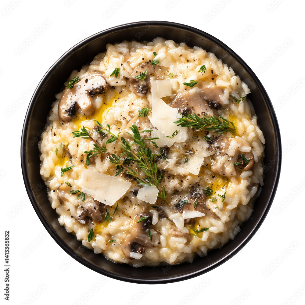 Mushroom risotto with truffle oil in ceramic bowl top view Mushroom risotto with truffle oil in ceramic bowl top view