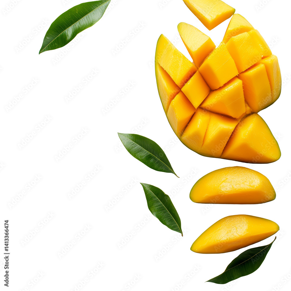 Fresh organic mango slices and leaves arranged on a clean transparent background showcasing vibrant colors and textures, Fresh organic mango on a transparent background. Mango transparent background Fresh organic mango slices and leaves arranged on a clean transparent background showcasing vibrant colors and textures, Fresh organic mango on a transparent background. Mango transparent background