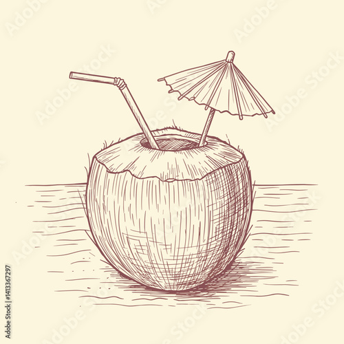 Vintage-style line drawing of a coconut with straw and umbrella, capturing a tropical Mediterranean vibe