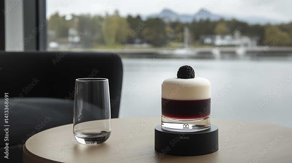 Elegant layered cocktail, creamy foam, dark base, scenic view