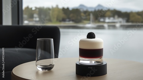 Obraz na płótnie Elegant layered cocktail, creamy foam, dark base, scenic view w salonie