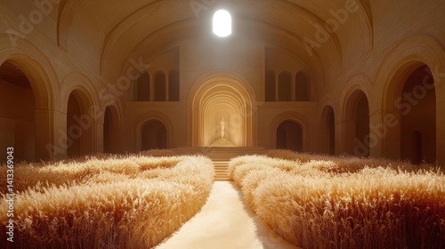 Statue in Wheat Field Inside Building with Arches and Sunlight