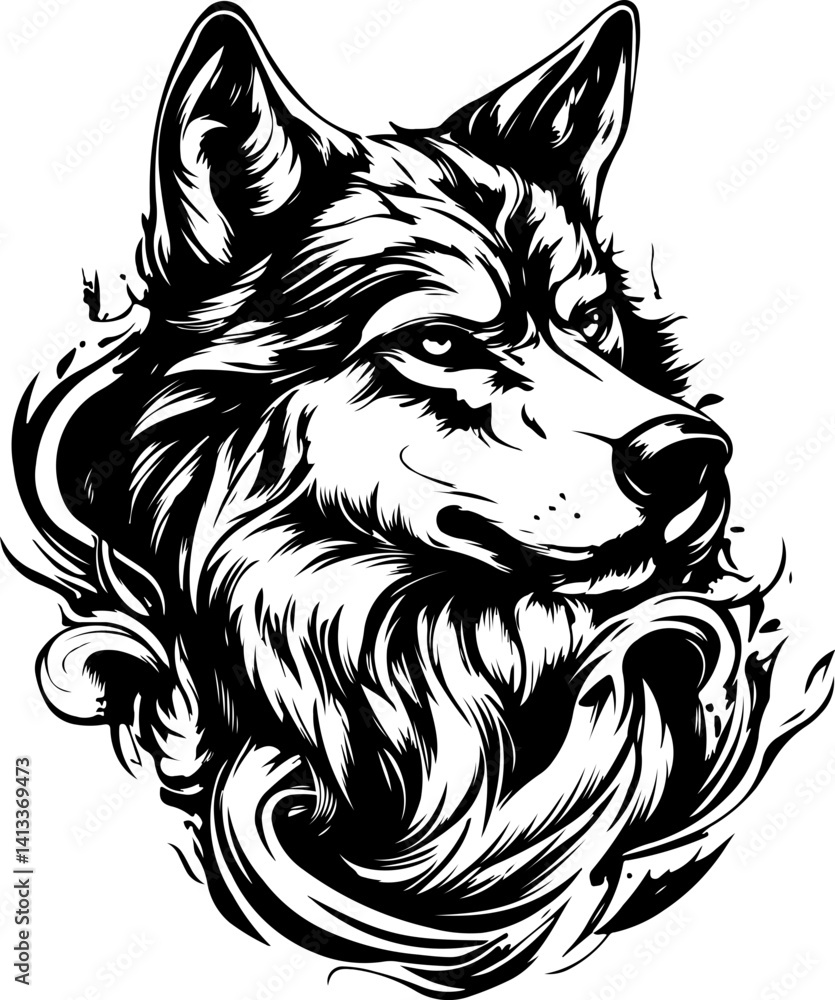 Fototapeta premium animal, wolf, vector, head, dog, illustration, tattoo, lion, wild, cartoon, wildlife, mammal, face, black, tribal, nature, mascot, predator, cat, bear, design, silhouette, beast, drawing, tiger