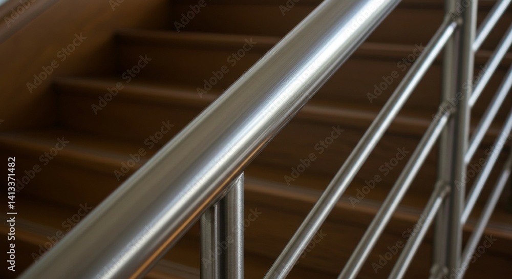 Obraz premium Polished metal handrail on stairs with industrial style finish.