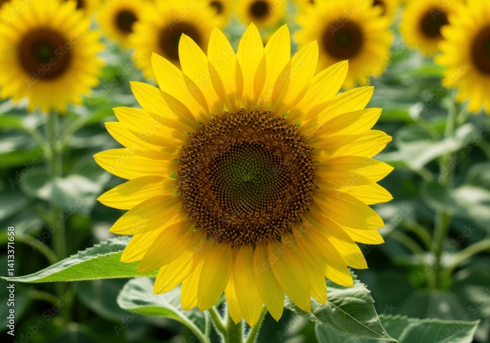 Fototapeta premium Isolated sunflower highlighted against blurred vibrant farmland.