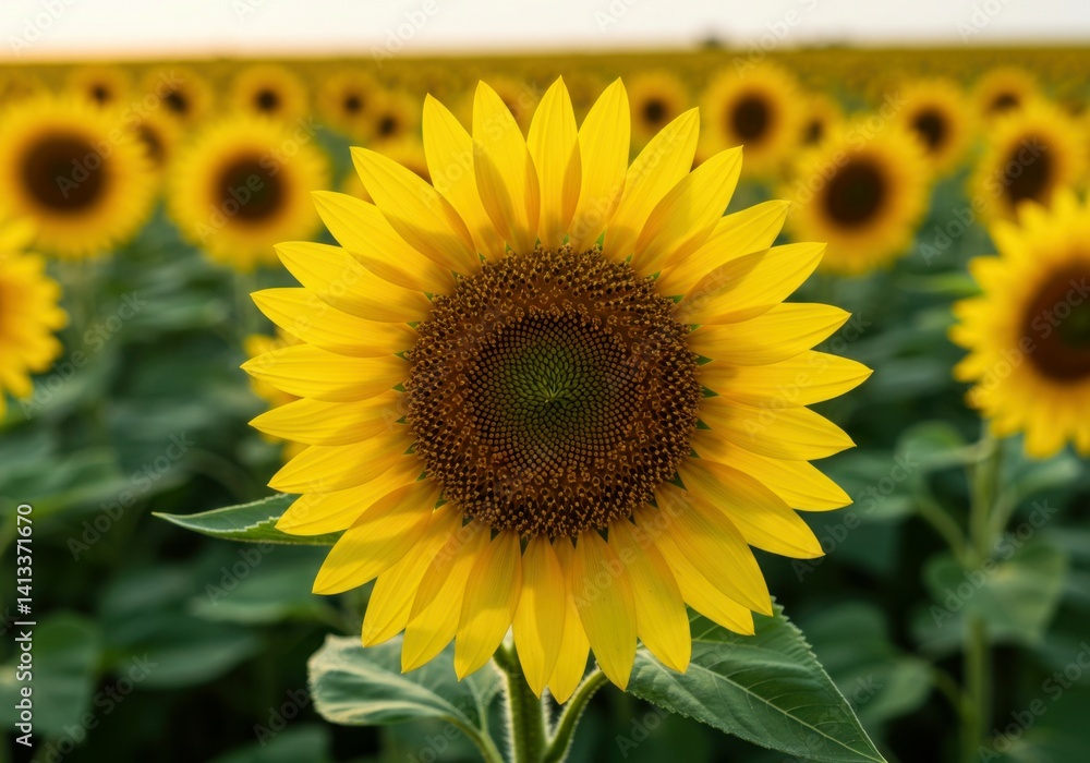 Fototapeta premium Bright yellow sunflower shining in morning sun with rich foliage.