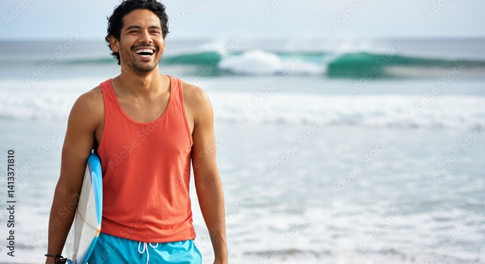 Fototapeta premium Smile and surf: young hispanic male with surfboard on beach