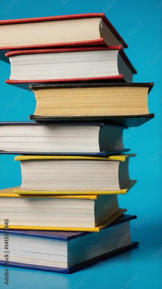 Stack of colorful books sitting atop each other against a vibrant blue backdrop, arranged carefully, showcasing education and reading, knowledge
