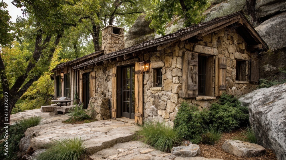 Rustic cabin exterior with stone accents, wooden shutters, and a picturesque, natural setting. Rustic cabin exterior with stone accents, wooden shutters, and a picturesque, natural setting.