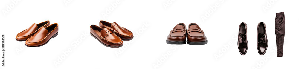 Brown leather loafers and elegant dark trousers, cut out transparent Brown leather loafers and elegant dark trousers, cut out transparent