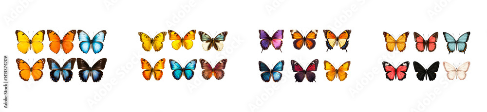 Row of butterflies with colorful wings, vibrant insect art, cut out transparent Row of butterflies with colorful wings, vibrant insect art, cut out transparent