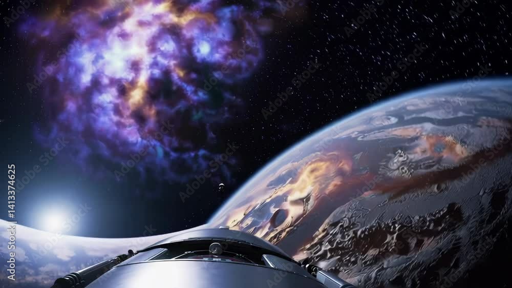 Spaceship approaching new planet in deep space