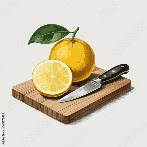 Fresh Yuzu Fruit Still Life with Knife and Board