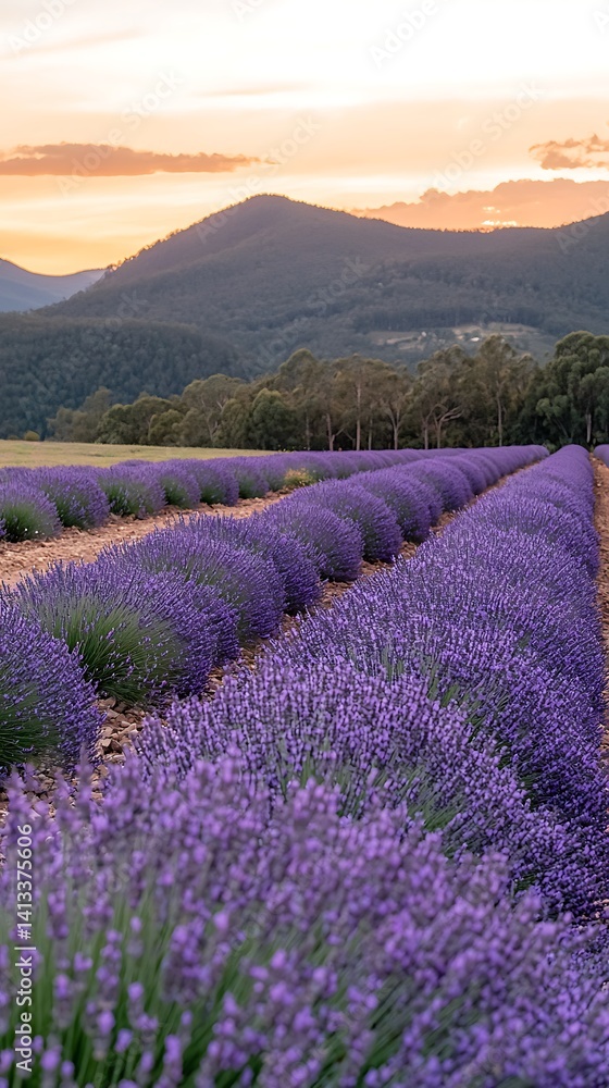 Fields of lavender flowers stretch toward mountains at sunset Fields of lavender flowers stretch toward mountains at sunset