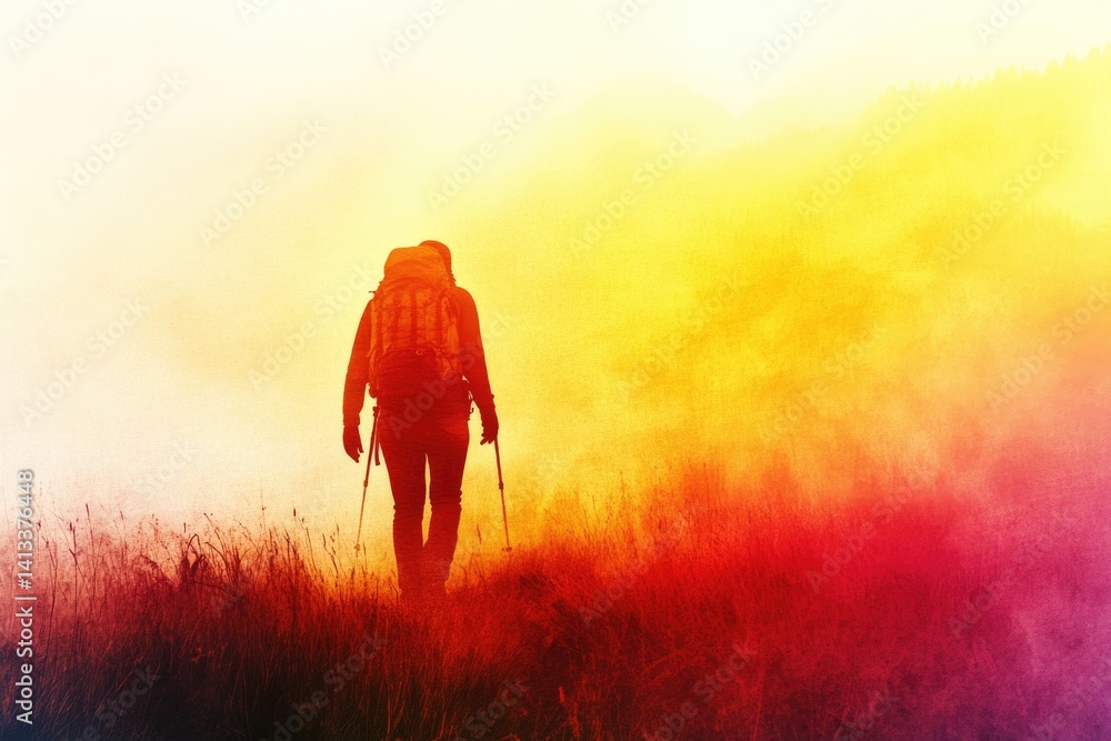 Fototapeta premium A lone hiker with a backpack walks into a misty, colorful landscape, trekking through tall grass.