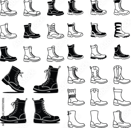 Stylish Boots Line Art | Minimal Silhouette Shoe Collection Boots Silhouette Set | Fashion Footwear Vector Icons