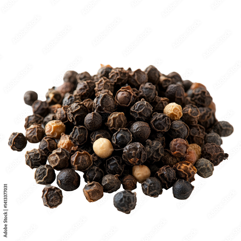 Fresh black peppercorns arranged in a pile on a transparent background showcasing their varied colors and textures, of pepper full depth of field on transparent background Fresh black peppercorns arranged in a pile on a transparent background showcasing their varied colors and textures, of pepper full depth of field on transparent background