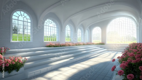 Elegant Interior with White Arches, Large Windows, and Roses Decor