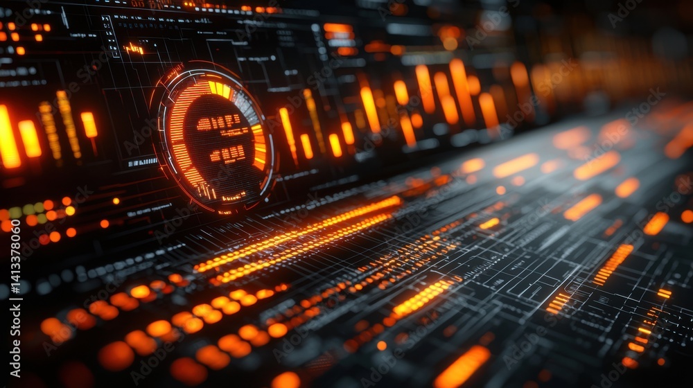 Obraz premium Abstract digital interface with glowing orange elements and data streams