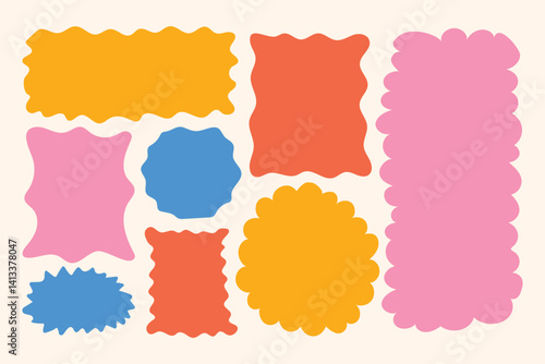 Colorful Abstract Frame Set.  A collection of vibrant abstract frames in various wavy and scalloped shapes. Ideal for scrapbooking, social media graphics, invitations, and digital design.
