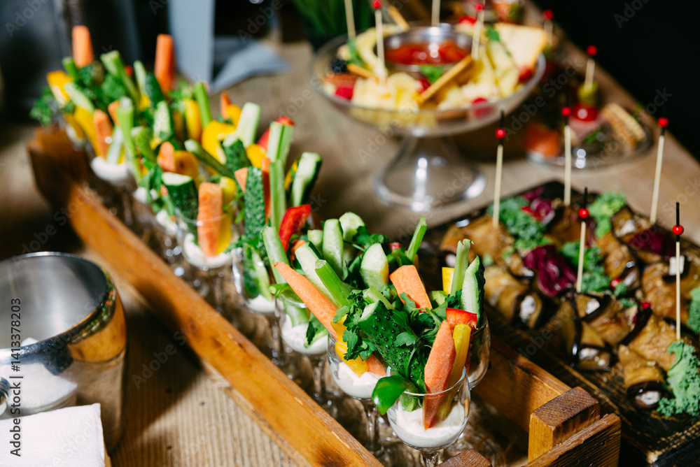 Healthy vegetable crudités in glasses with dip. Healthy vegetable crudités in glasses with dip.