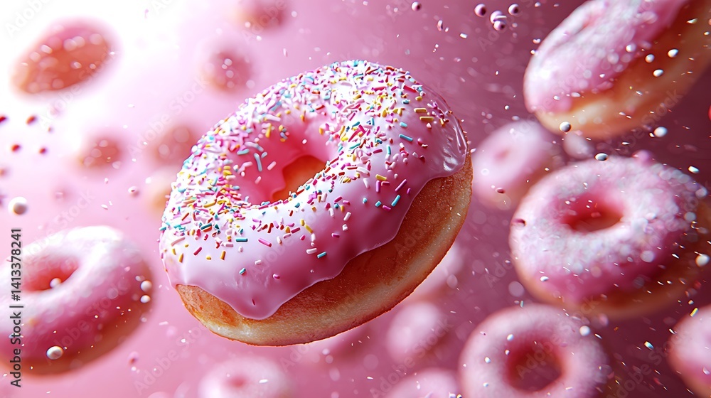 Pink glazed donuts in flight, sprinkled with colorful candies. A sweet, delicious display Pink glazed donuts in flight, sprinkled with colorful candies. A sweet, delicious display