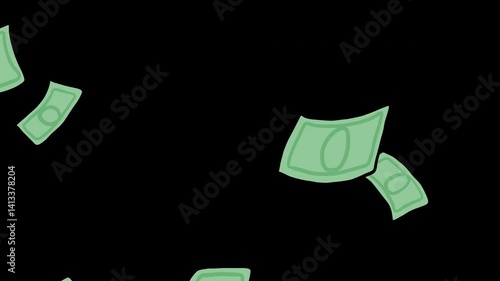Pack of 4 2d hand-drawn falling  money .Alpha channel with transparent background or green background to choose from