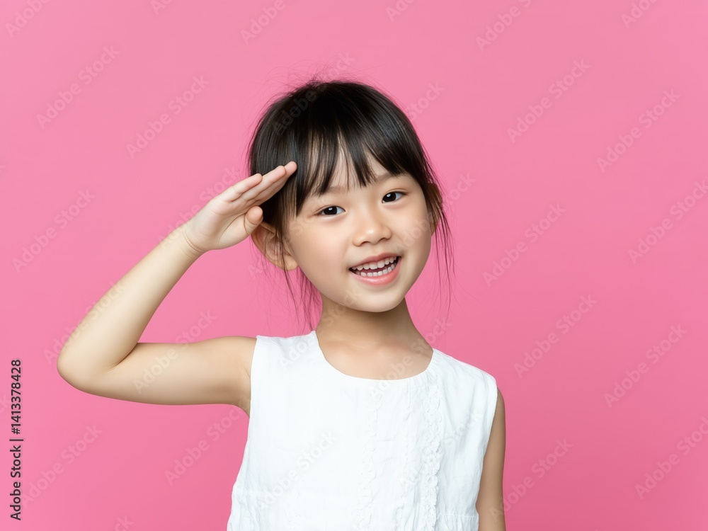 Little girl isolated on pink background saluting with hand with happy expression Little girl isolated on pink background saluting with hand with happy expression