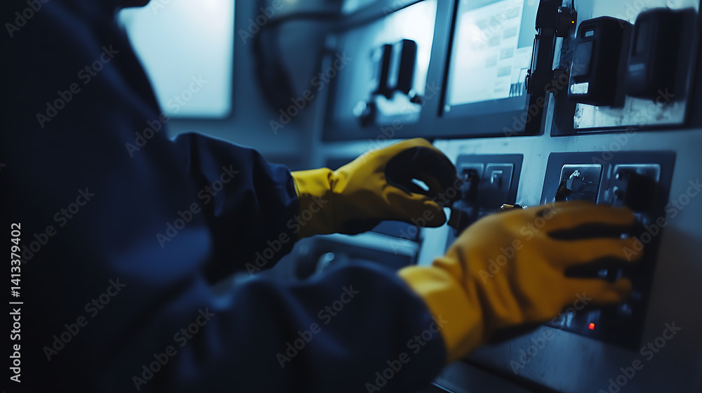 Petroleum technician performing system diagnostics on offshore drilling equipment. Featuring system diagnostics Petroleum technician performing system diagnostics on offshore drilling equipment. Featuring system diagnostics