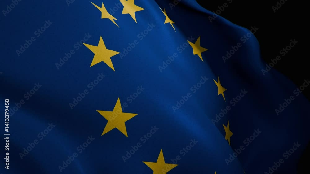 A closeup, spotlight-lit realistic 3D animation of a waving European Union flag, featuring its iconic circle of 12 golden stars on deep blue background A closeup, spotlight-lit realistic 3D animation of a waving European Union flag, featuring its iconic circle of 12 golden stars on deep blue background