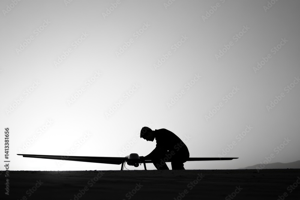 Obraz premium Silhouette of a person inspecting a drone on a desert landscape at sunset.