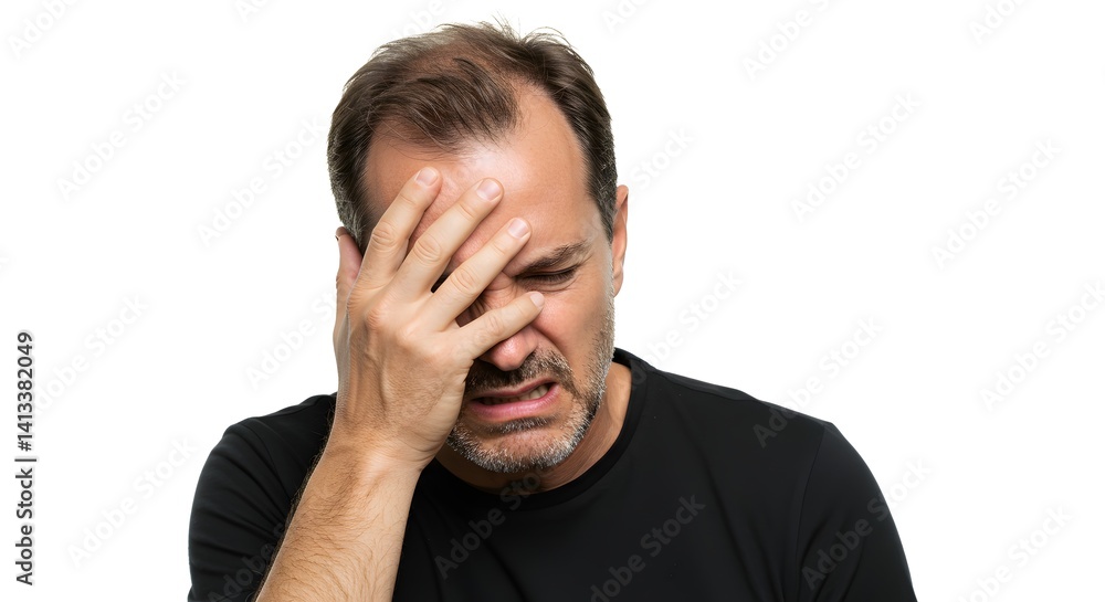 A stressed man with his hand on his face, showing a clear expression of pain or worry.