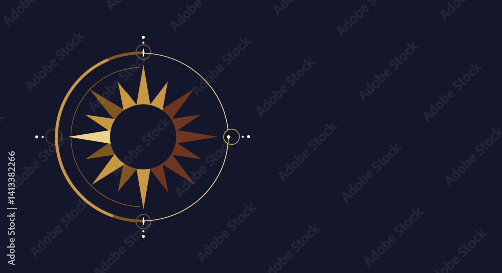 Golden sun compass design on dark background Esoterics