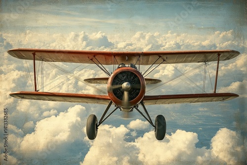 A vintage biplane is flying high through the cloudy blue sky