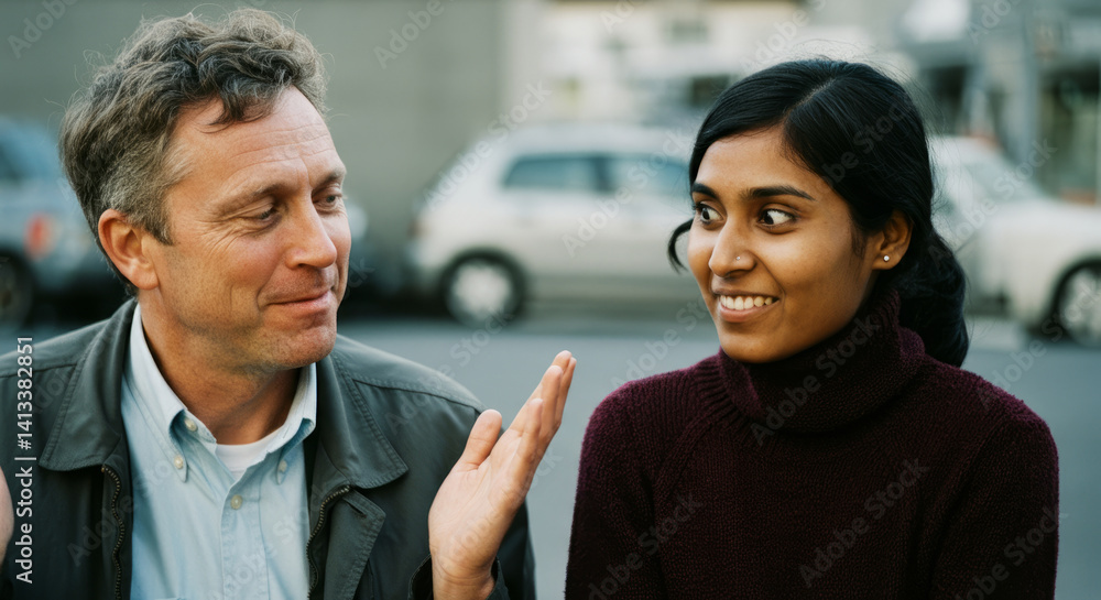 Obraz premium Caucasian male and asian female adults engaged in outdoor conversation