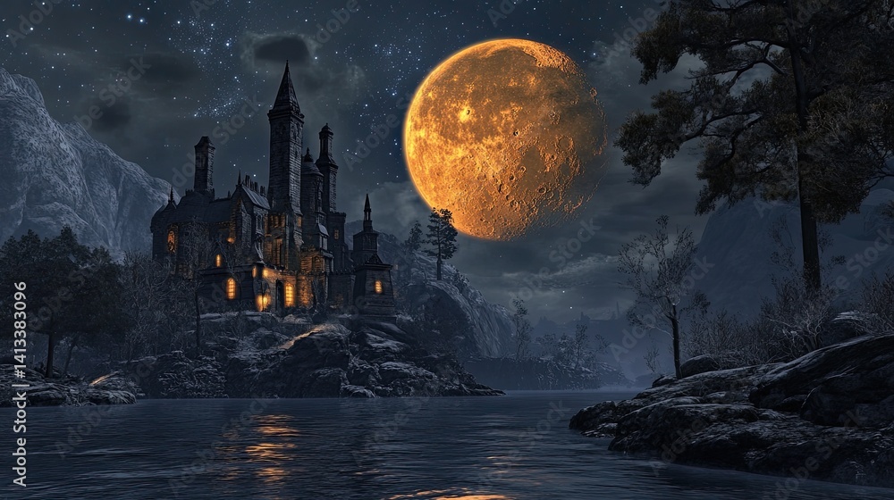 Enchanted Castle by a Lake Under a Large Orange Moon at Night Enchanted Castle by a Lake Under a Large Orange Moon at Night
