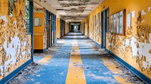 Decaying school hallway; peeling paint, debris