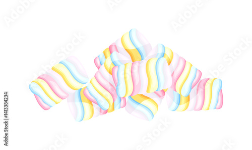 Pile of fluffy twisted marshmallows in cartoon style. Vector illustration composition of soft marshmallows 
 in pastel colors isolated on white background. Dessert. Confectionery.